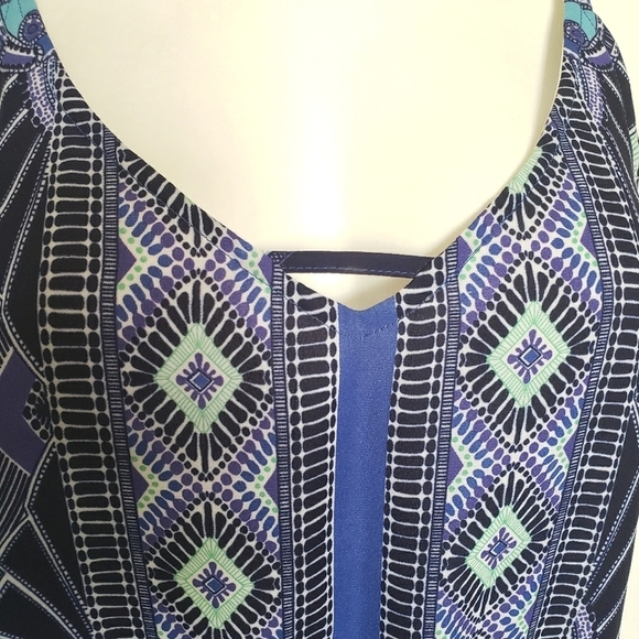 Mercer & Madison Geo Stripe Blue Green Sleeveless Drawstring Waist Dress 4 - Picture 3 of 8